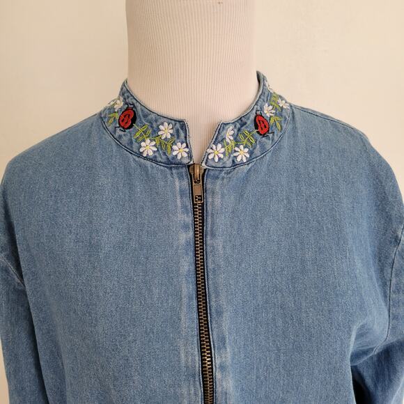 Country Store Denim Jacket Ladybug Floral Embroidery Zip Front Women Large - Picture 4 of 10